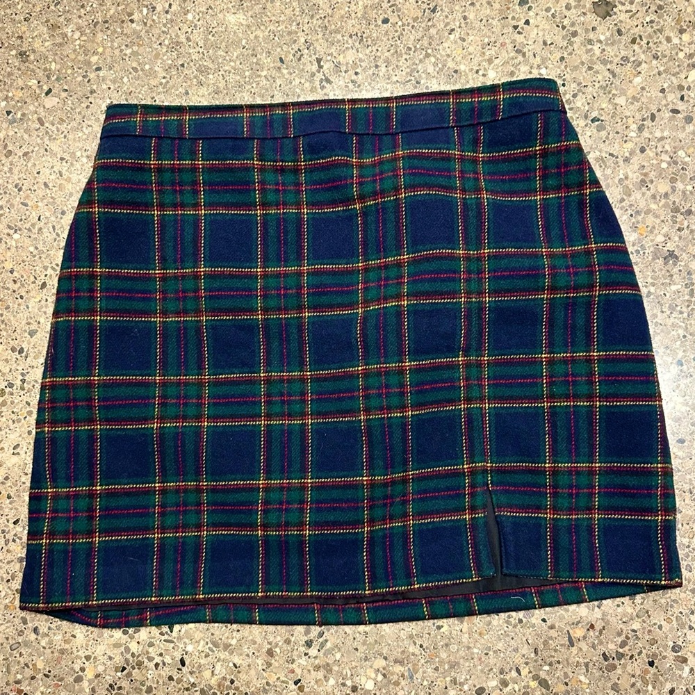 preppy plaid tartan a line mini skirt slit back zip lined large